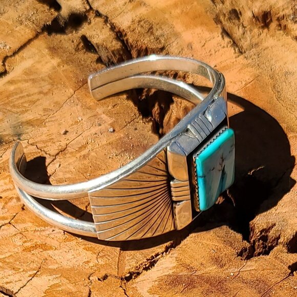Rare Navajo Signed Leonard Platero .925 Silver Turquoise Cuff - Picture 7 of 7